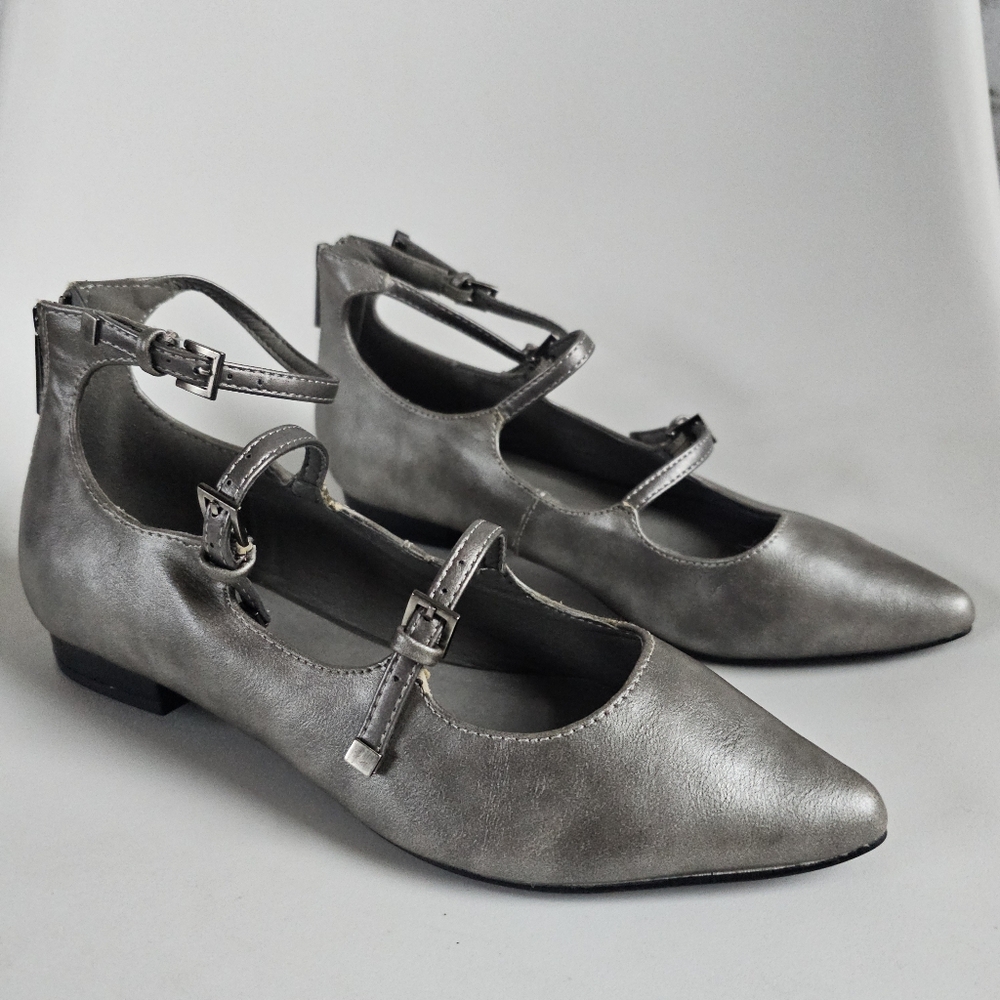 ☆ MARK Silver Strappy Mary Jane Flats, 6m